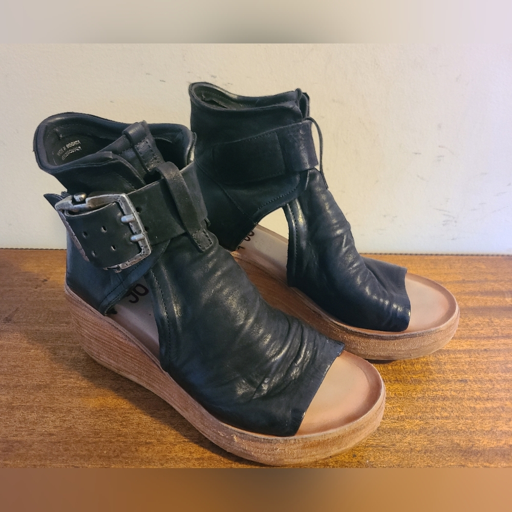 A.S.98 Naya Black Leather Wedge Sandals Size 37